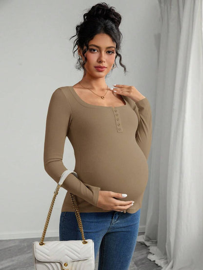 Maternity T-Shirt - Solid Color Button Half Placket Long Sleeve Casual Soft, Everyday Pregnancy