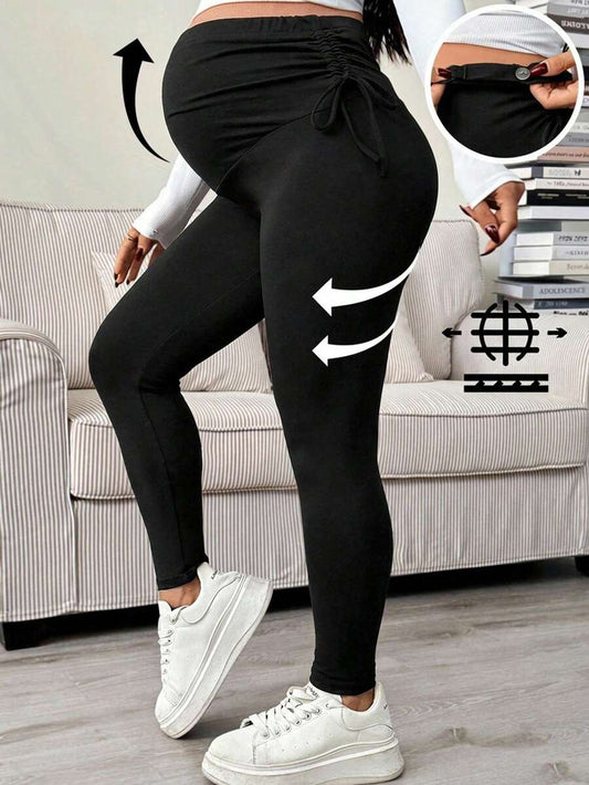 Maternity Ultra High Waist Adjustable Drawstring Cropped Leggings Solid Black High Stretch Casual Lounge Pants