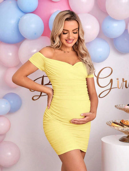 Elegant Off-Shoulder Ruched Fitted Maternity Bodycon Dress Short Sleeve Slim Fit Short Pencil Dress for Daily Wear