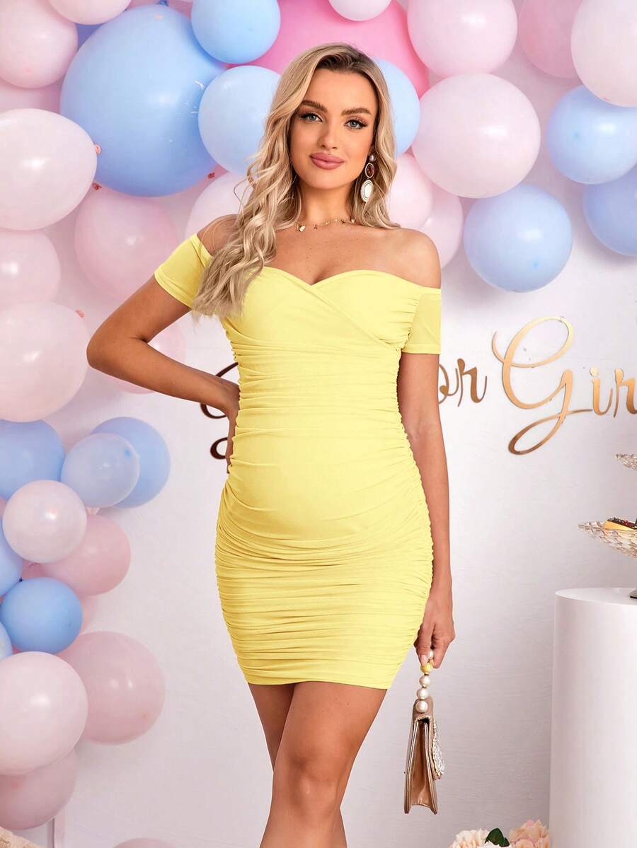Elegant Off-Shoulder Ruched Fitted Maternity Bodycon Dress Short Sleeve Slim Fit Short Pencil Dress for Daily Wear