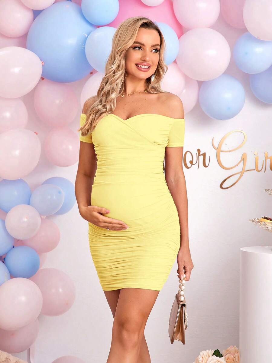 Elegant Off-Shoulder Ruched Fitted Maternity Bodycon Dress Short Sleeve Slim Fit Short Pencil Dress for Daily Wear