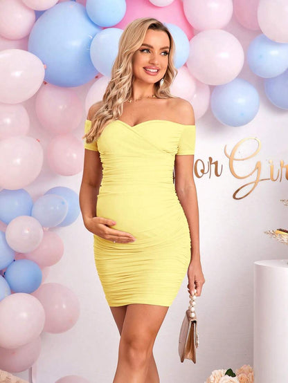 Elegant Off-Shoulder Ruched Fitted Maternity Bodycon Dress Short Sleeve Slim Fit Short Pencil Dress for Daily Wear