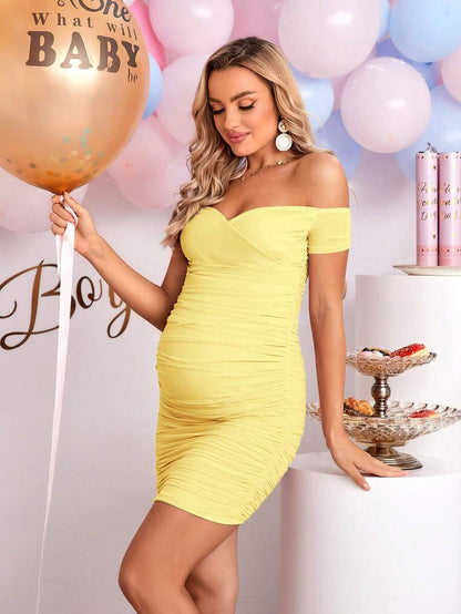 Elegant Off-Shoulder Ruched Fitted Maternity Bodycon Dress Short Sleeve Slim Fit Short Pencil Dress for Daily Wear