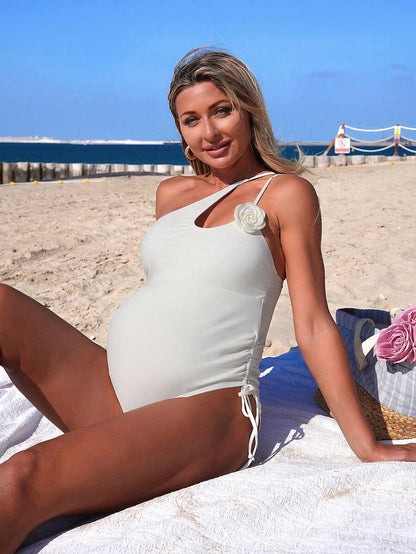 Maternity One-Piece Swimsuit - Elegant Summer Beach Vacation, White
