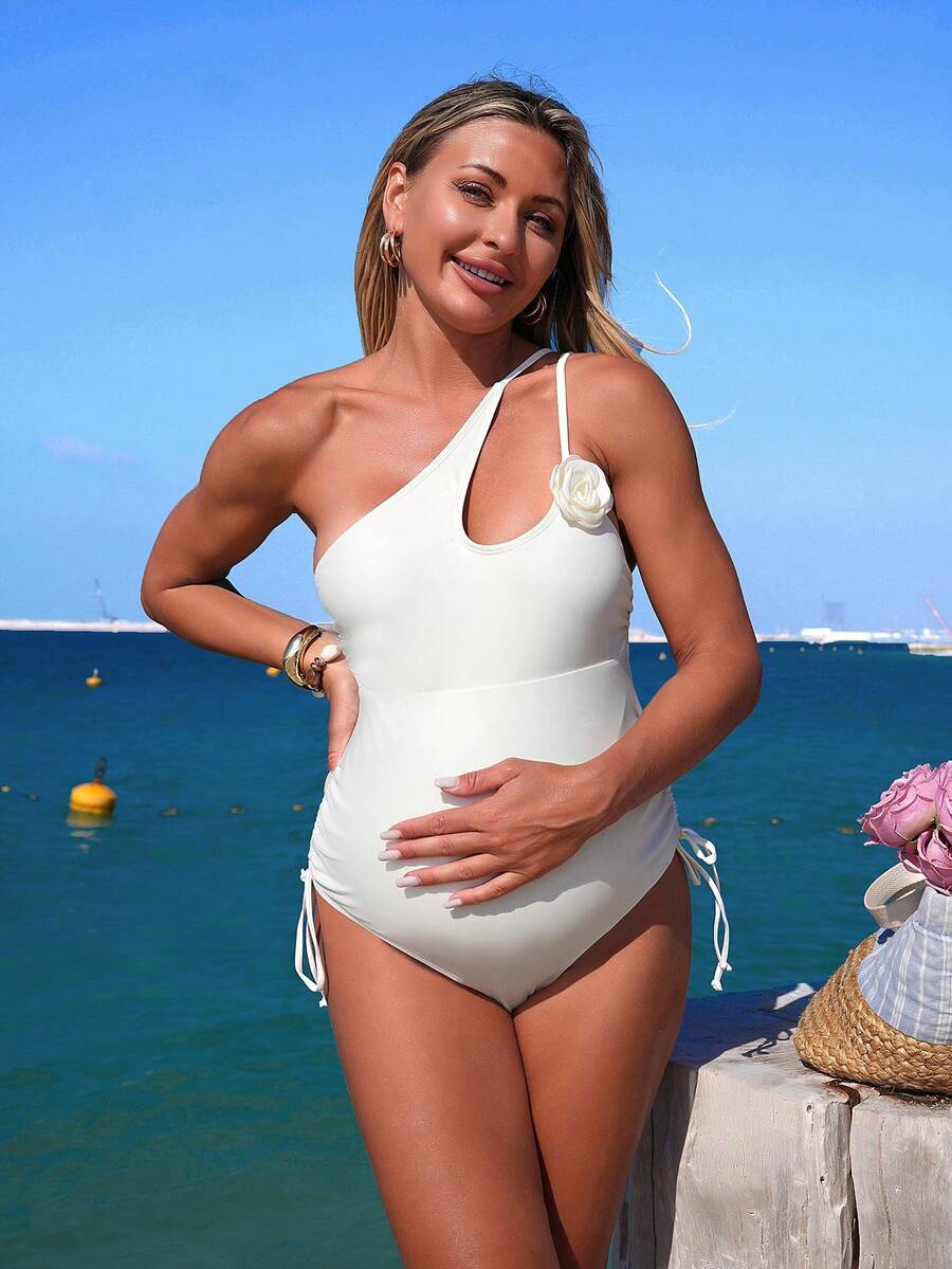 Maternity One-Piece Swimsuit - Elegant Summer Beach Vacation, White