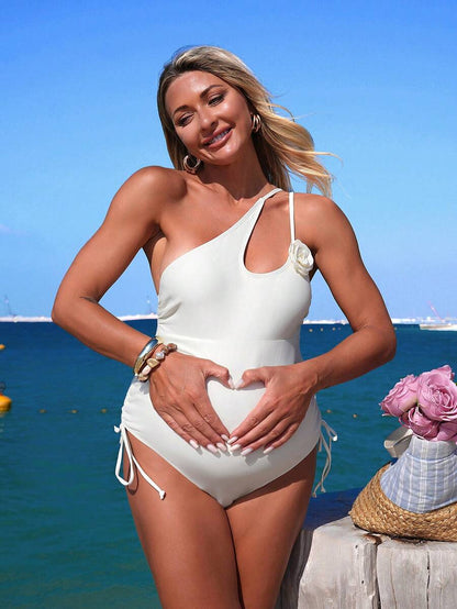 Maternity One-Piece Swimsuit - Elegant Summer Beach Vacation, White