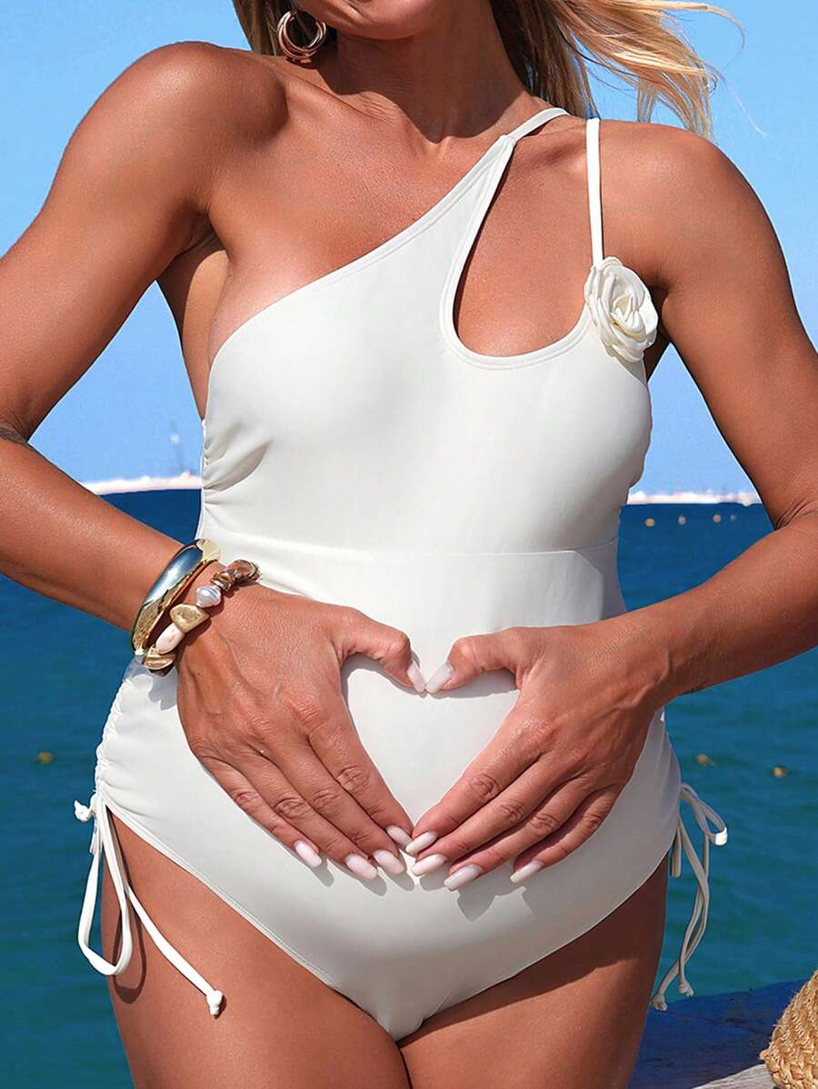 Maternity One-Piece Swimsuit - Elegant Summer Beach Vacation, White