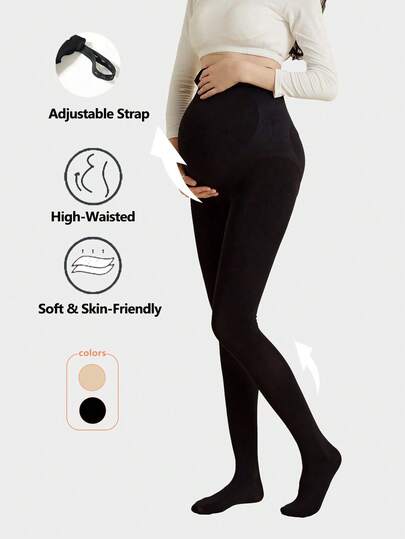 Maternity Stirrup Tights - Black Nude Medium Thickness Adjustable Support, Spring Autumn