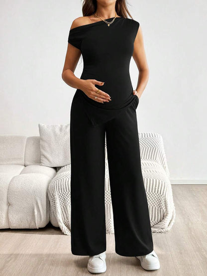 2-Piece Maternity Off-Shoulder Asymmetrical Top and Wide Leg Pants Set - Adjustable Waist Black Long Sleeve Casual Lounge Set