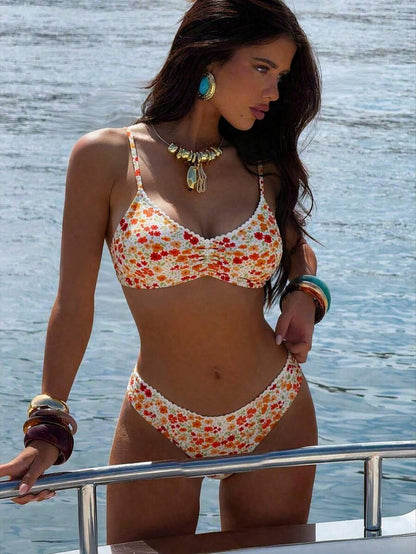 Women's Ditsy Floral Bikini Set - Ruched Spaghetti Strap, Hipsters, High Waist, Multicolor