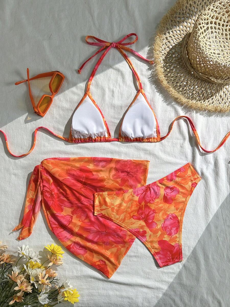 Women's 3-Piece Solid Halter Bikini Set - Knot Detail, Skirt Cover-Up, Triangle Cup, Red