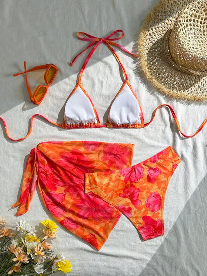 Women's 3-Piece Solid Halter Bikini Set - Knot Detail, Skirt Cover-Up, Triangle Cup, Red