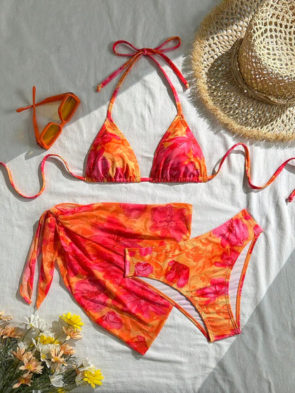 Women's 3-Piece Solid Halter Bikini Set - Knot Detail, Skirt Cover-Up, Triangle Cup, Red