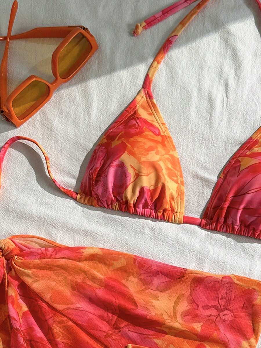 Women's 3-Piece Solid Halter Bikini Set - Knot Detail, Skirt Cover-Up, Triangle Cup, Red