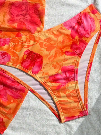 Women's 3-Piece Solid Halter Bikini Set - Knot Detail, Skirt Cover-Up, Triangle Cup, Red