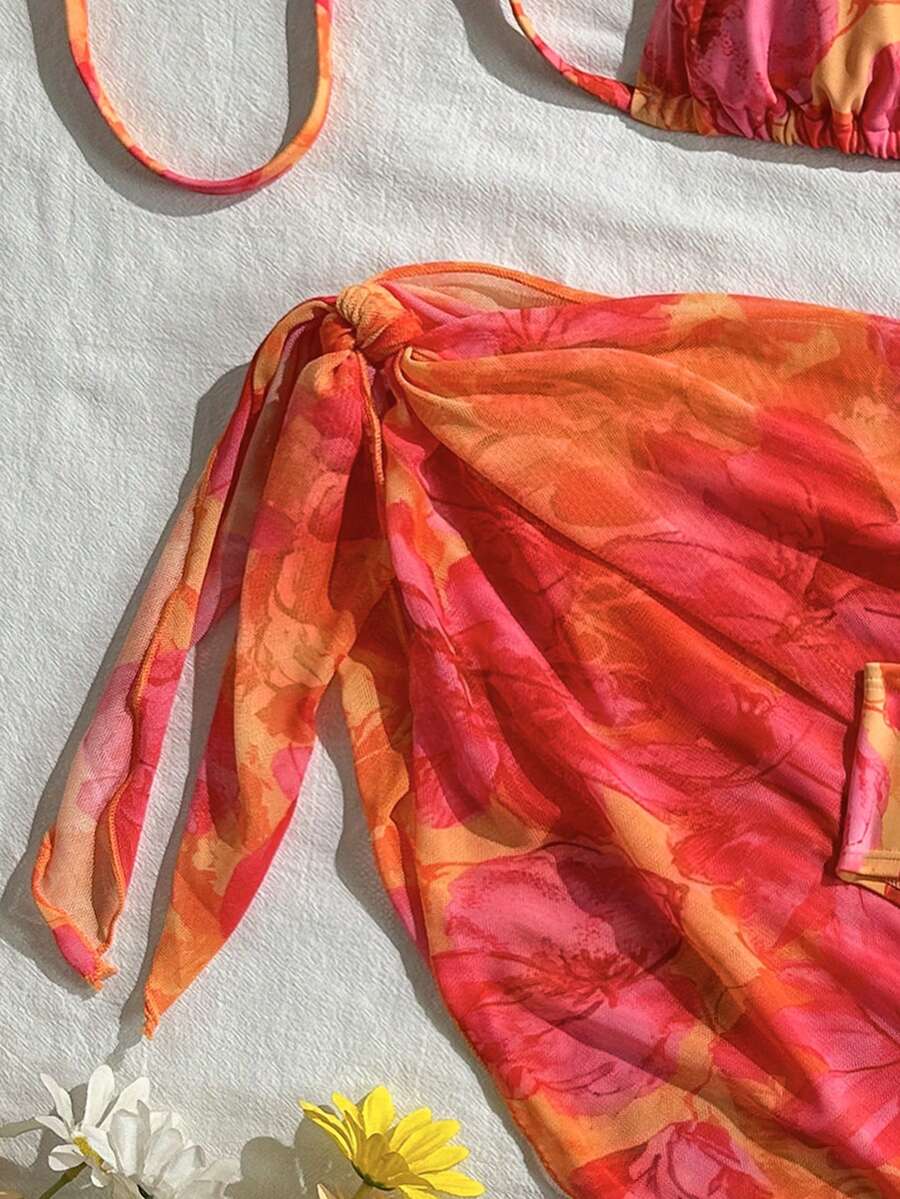Women's 3-Piece Solid Halter Bikini Set - Knot Detail, Skirt Cover-Up, Triangle Cup, Red