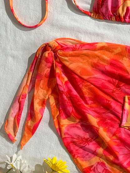 Women's 3-Piece Solid Halter Bikini Set - Knot Detail, Skirt Cover-Up, Triangle Cup, Red