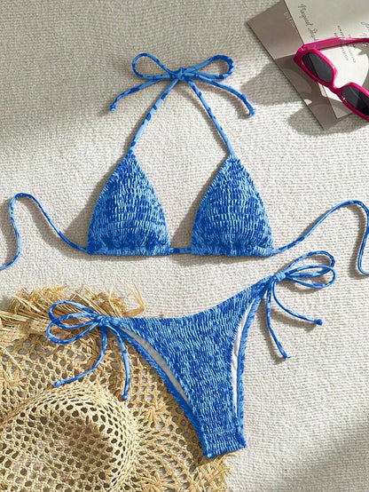 Swim Vcay Women's Ruched Tropical Print Halter Neck Tied Swimsuit And Bikini Set, Summer Beach Vacation