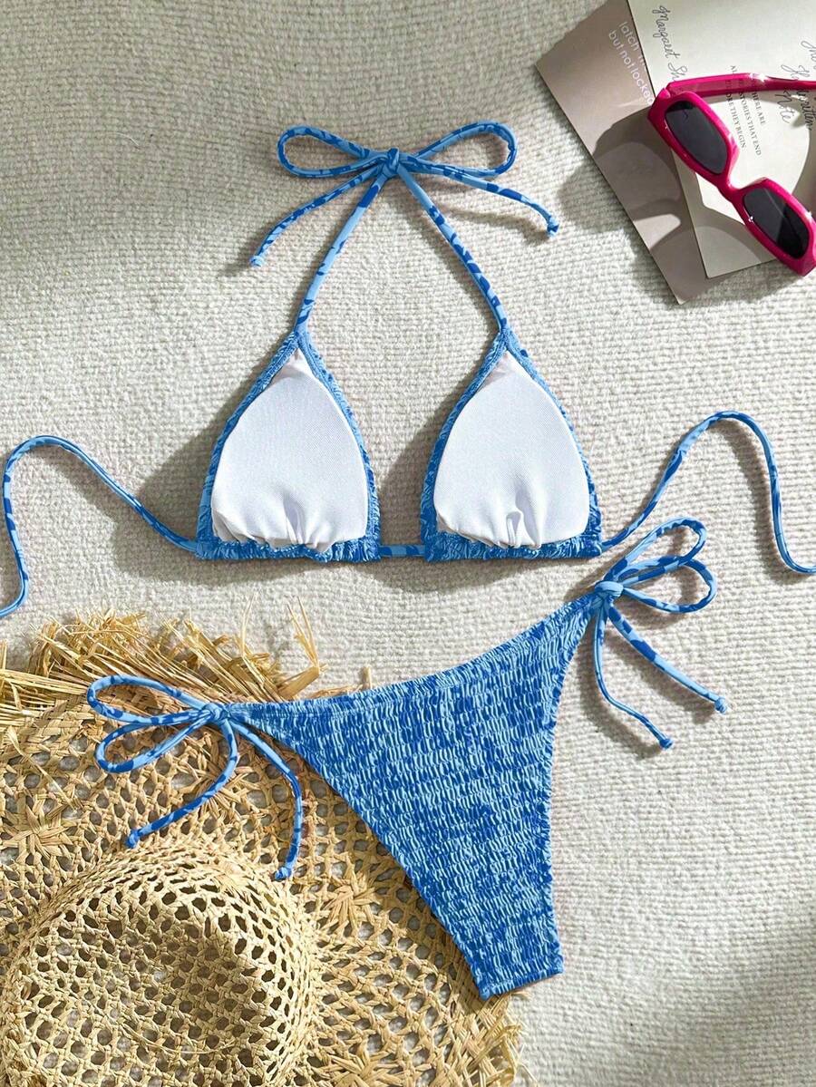 Swim Vcay Women's Ruched Tropical Print Halter Neck Tied Swimsuit And Bikini Set, Summer Beach Vacation