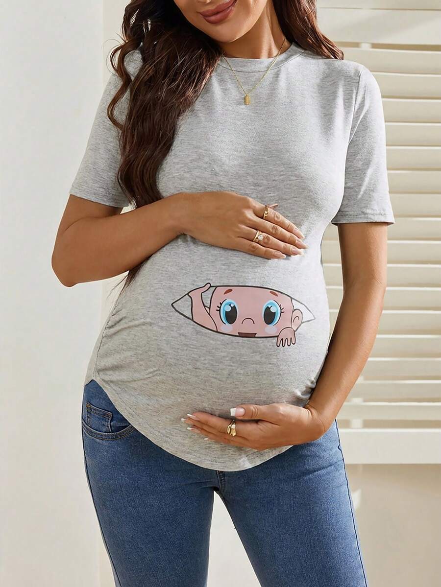 Maternity Cartoon Animal Print Short Sleeve T-Shirt - Blue Round Neck Ruched Side Casual Knit Top for Daily Wear