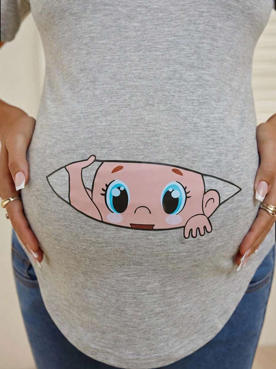 Maternity Cartoon Animal Print Short Sleeve T-Shirt - Blue Round Neck Ruched Side Casual Knit Top for Daily Wear