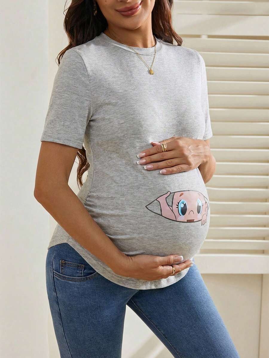 Maternity Cartoon Animal Print Short Sleeve T-Shirt - Blue Round Neck Ruched Side Casual Knit Top for Daily Wear