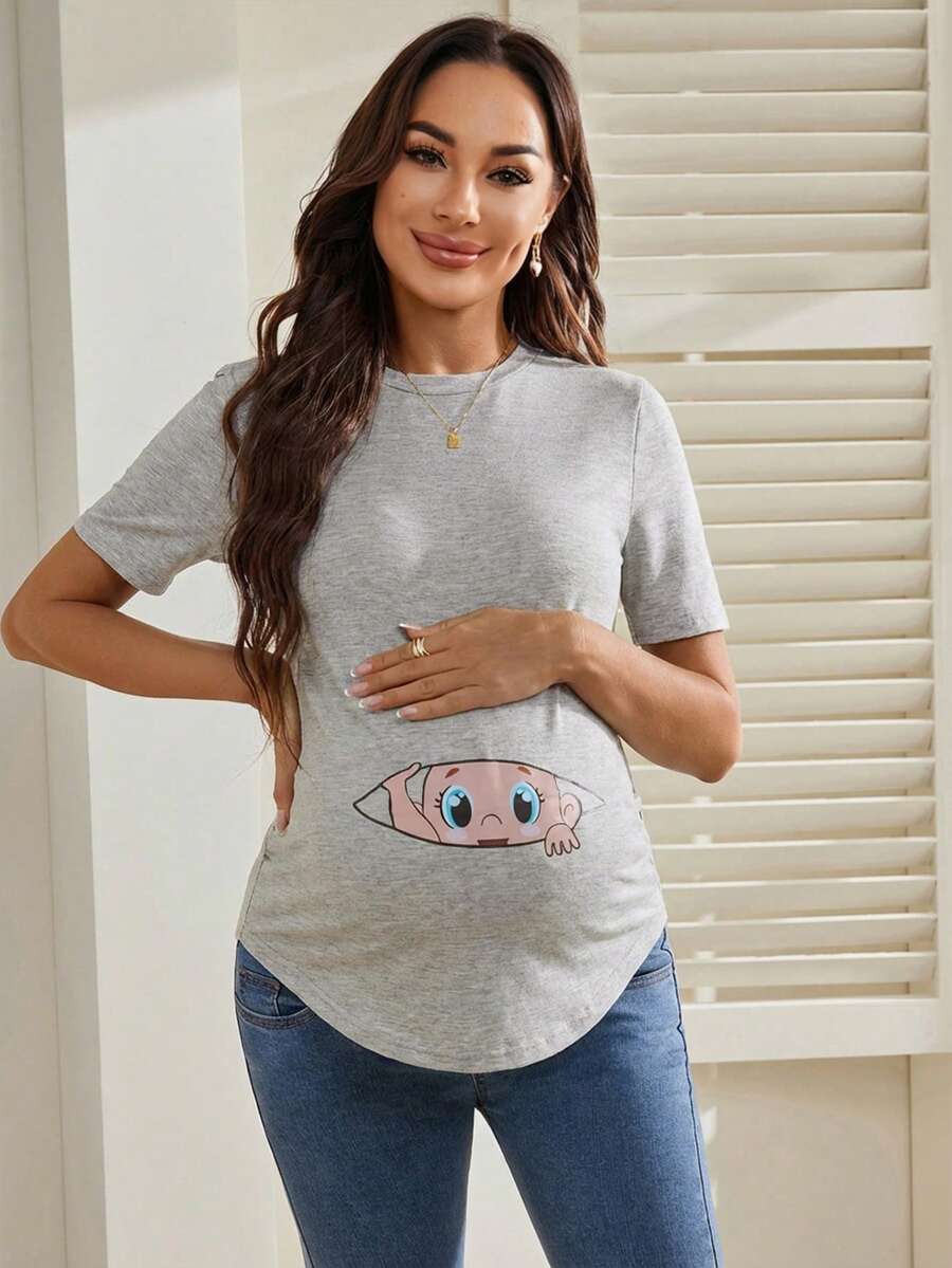 Maternity Cartoon Animal Print Short Sleeve T-Shirt - Blue Round Neck Ruched Side Casual Knit Top for Daily Wear