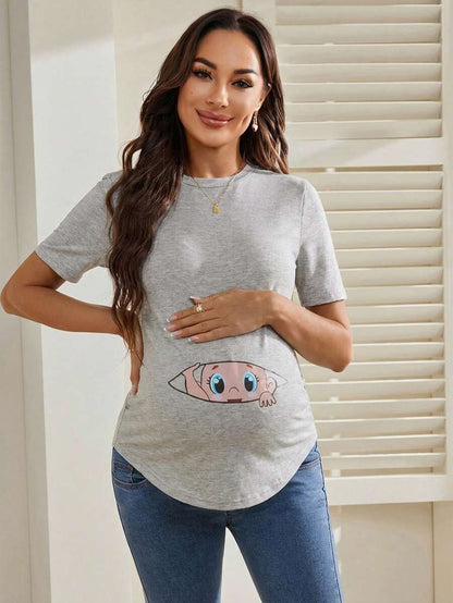 Maternity Cartoon Animal Print Short Sleeve T-Shirt - Blue Round Neck Ruched Side Casual Knit Top for Daily Wear