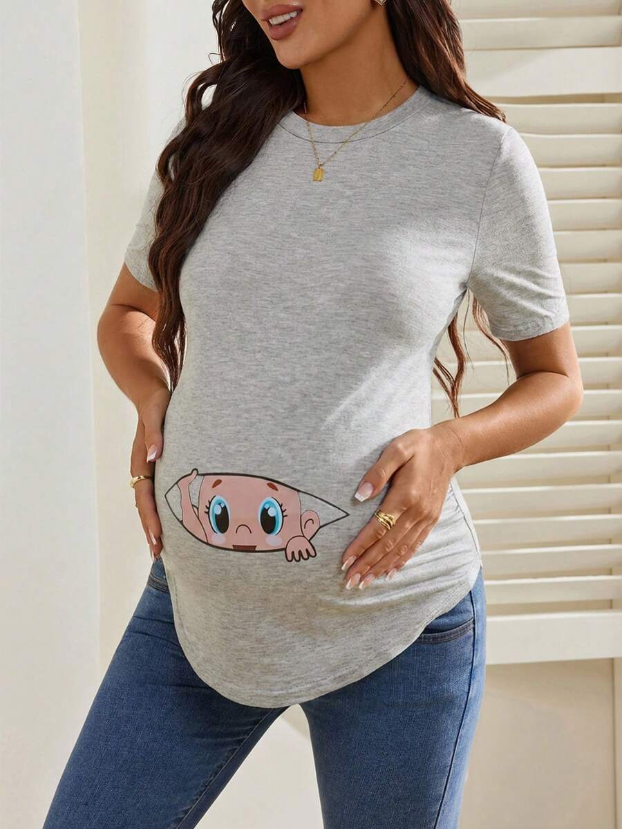 Maternity Cartoon Animal Print Short Sleeve T-Shirt - Blue Round Neck Ruched Side Casual Knit Top for Daily Wear