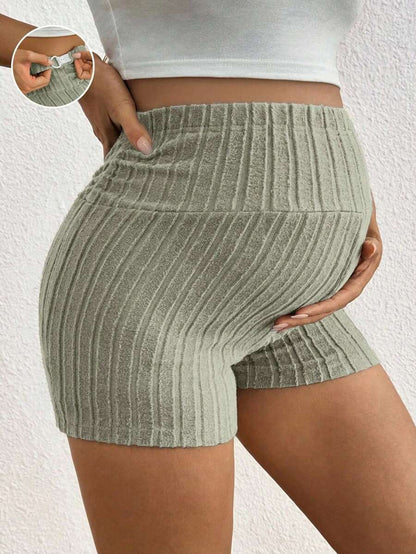 Black Rib-Knit Maternity Shorts - Ultra High Waist Elastic Comfort Pregnancy Shorts for Daily Wear with Button Detail