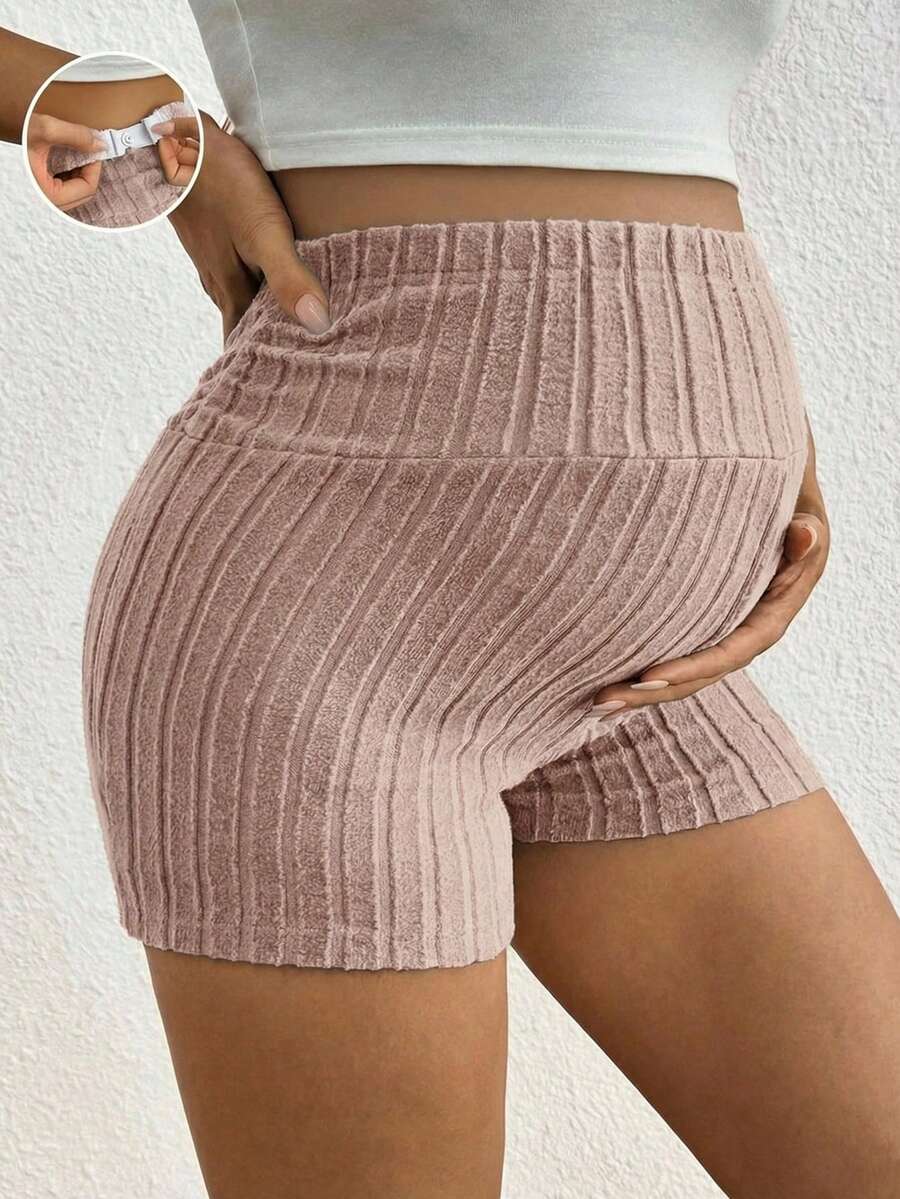 Maternity Adjustable Ultra High Waist Ribbed Shorts - Solid Color Elastic Waist Casual Mini Track Shorts