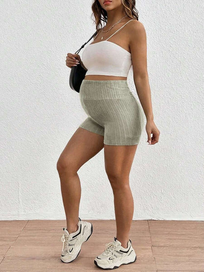 Black Rib-Knit Maternity Shorts - Ultra High Waist Elastic Comfort Pregnancy Shorts for Daily Wear with Button Detail