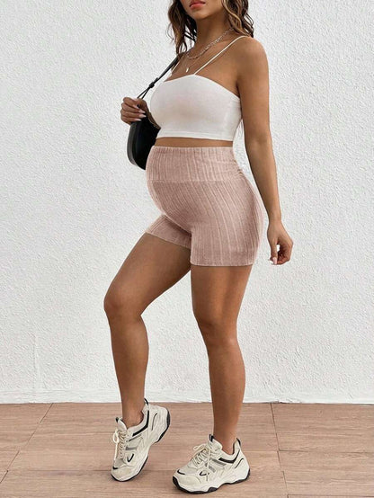 Maternity Adjustable Ultra High Waist Ribbed Shorts - Solid Color Elastic Waist Casual Mini Track Shorts