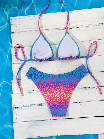Swim Vcay 2026 Spring/Summer Women's Spaghetti Strap Halter Neck Black Base White Polka Dot Random Print Sweet Cute Side High Cut Bikini Swimwear 2-Piece Set Vacation Bikini Set Pink Bikini Set High Leg Bikini Set Modest Bikini Set Bikini Set