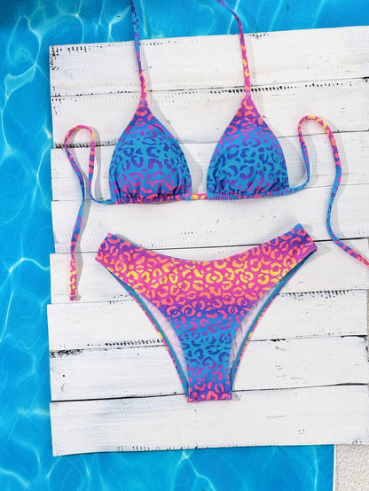 Swim Vcay 2026 Spring/Summer Women's Spaghetti Strap Halter Neck Black Base White Polka Dot Random Print Sweet Cute Side High Cut Bikini Swimwear 2-Piece Set Vacation Bikini Set Pink Bikini Set High Leg Bikini Set Modest Bikini Set Bikini Set