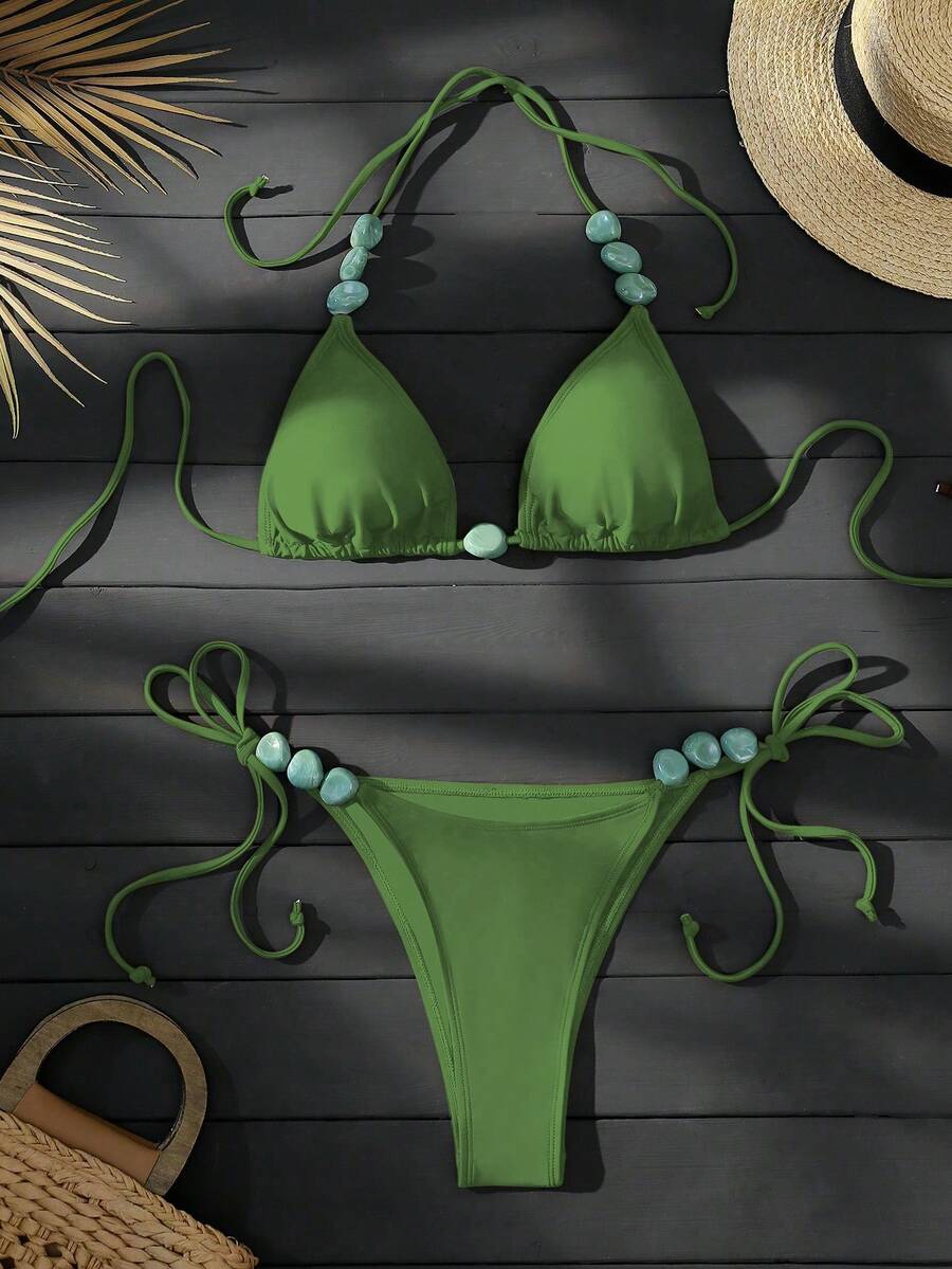 Swim Vcay Women's Summer Beach Halter Neck Tie Jade Marble Green Pattern Decor, Beach, Pool, Casual Party, Holiday, Spring/Summer