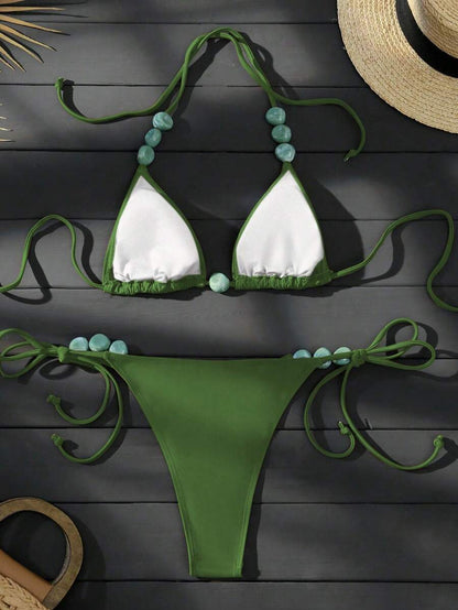 Swim Vcay Women's Summer Beach Halter Neck Tie Jade Marble Green Pattern Decor, Beach, Pool, Casual Party, Holiday, Spring/Summer
