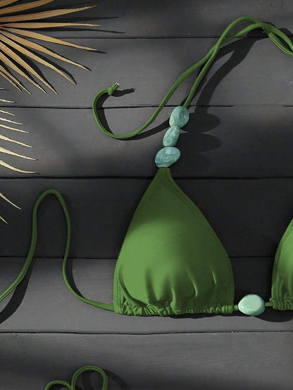 Swim Vcay Women's Summer Beach Halter Neck Tie Jade Marble Green Pattern Decor, Beach, Pool, Casual Party, Holiday, Spring/Summer