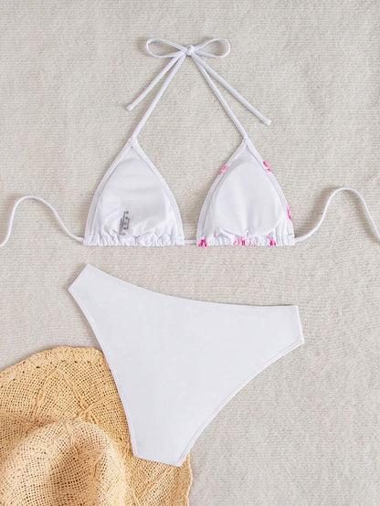 Women's Solid Halter Bikini Set - Lace Up, High Waist, Tie Detail, White