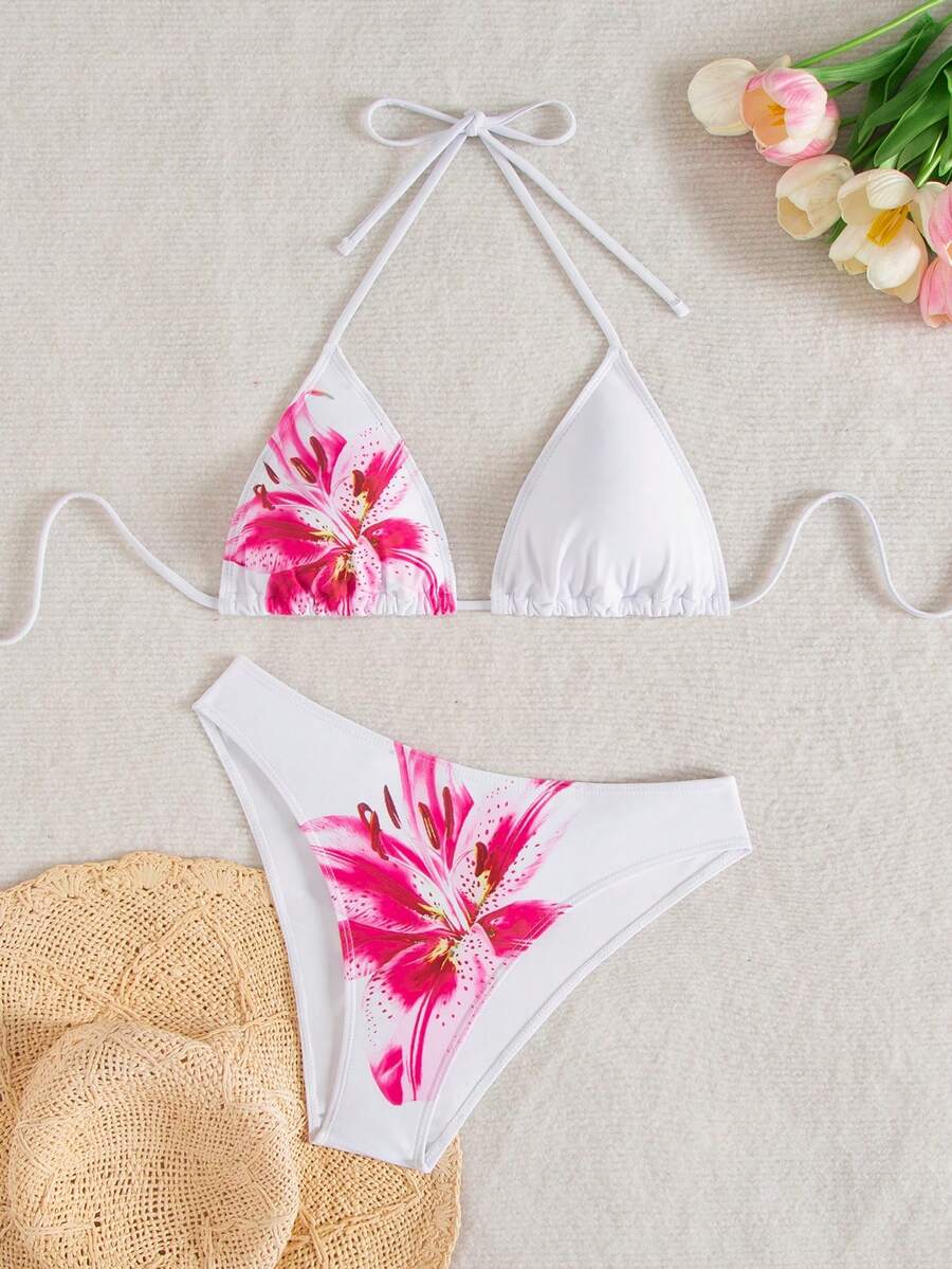 Women's Solid Halter Bikini Set - Lace Up, High Waist, Tie Detail, White