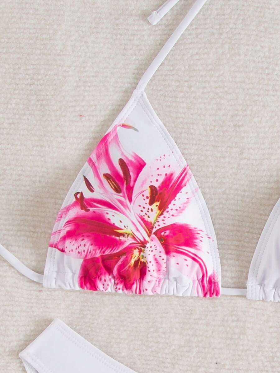 Swim Mod Women's Pink Polka Dot Print Halter Neck Low Waist Triangle Bikini Set, Summer Sexy Spring