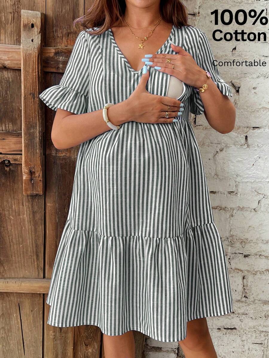 Blue Striped Maternity Nursing Dress with V-Neck Flounce Sleeves and Zipper Detail - Chic Short Casual Cotton Blend Office Dress
