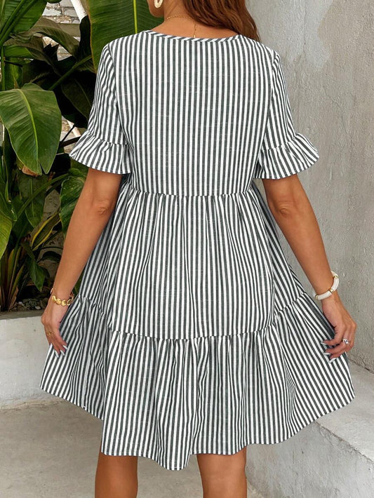Maternity Striped Nursing Dress - V Neck, Flounce Sleeve, Ruffle Hem, Short, Green