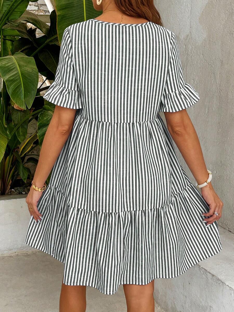 Blue Striped Maternity Nursing Dress with V-Neck Flounce Sleeves and Zipper Detail - Chic Short Casual Cotton Blend Office Dress