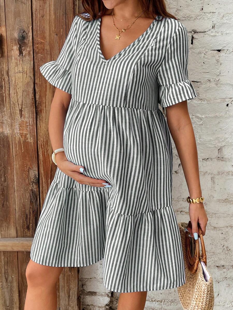 Blue and White Floral Striped Maternity Dress with Ruffle Flounce Sleeves and Loose Fit Hem Boho Beach Vacation Short Summer Dress