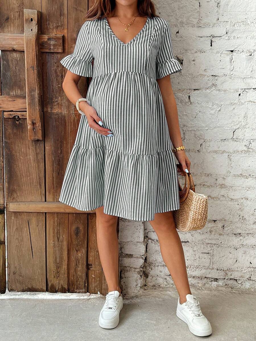 Blue and White Floral Striped Maternity Dress with Ruffle Flounce Sleeves and Loose Fit Hem Boho Beach Vacation Short Summer Dress