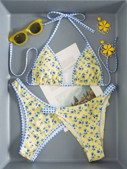 Swim Vcay Women's Swimwear Set, Fashionable Polka Dot Print Trim, Backless, Spaghetti Straps, Tie Waist, Triangle Swim Bottoms, Beach, Casual