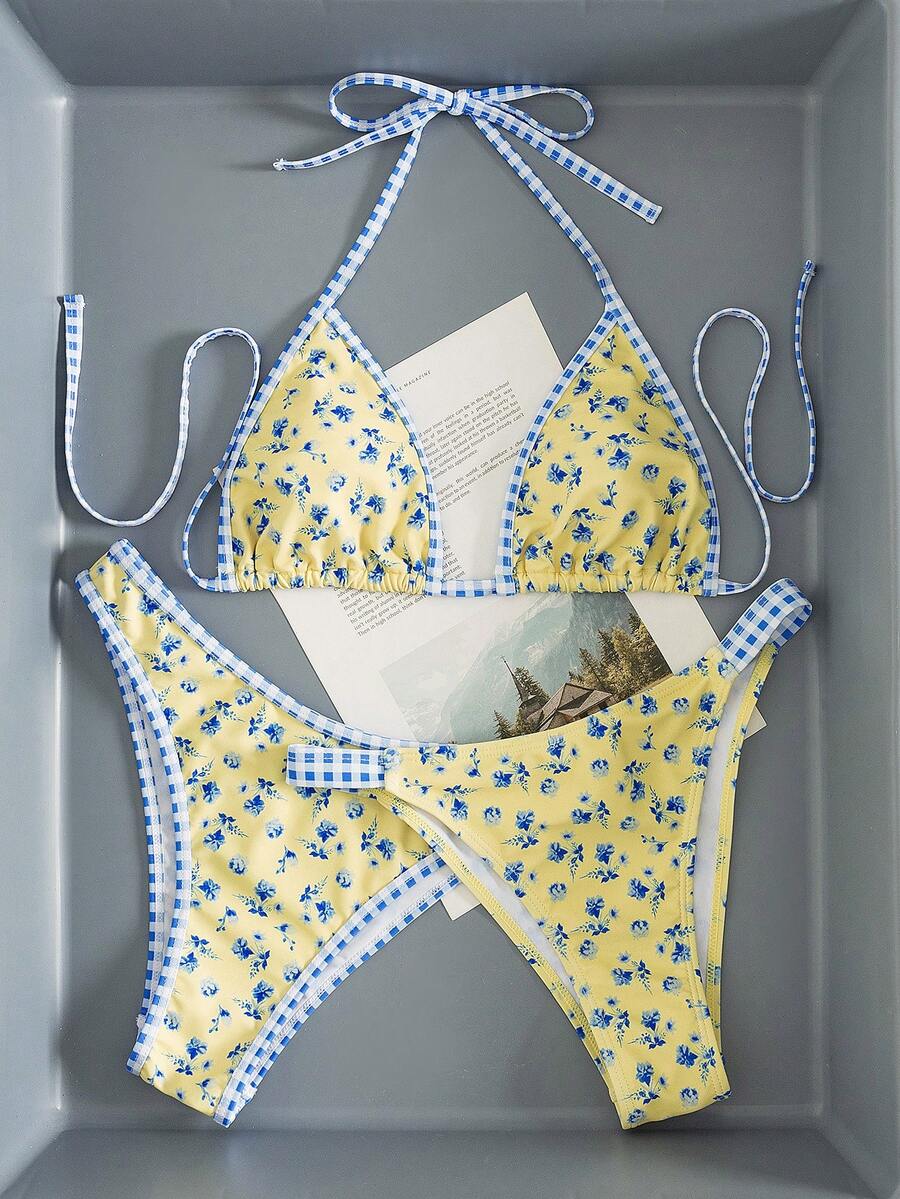Swim Vcay Women's Swimwear Set, Fashionable Polka Dot Print Trim, Backless, Spaghetti Straps, Tie Waist, Triangle Swim Bottoms, Beach, Casual