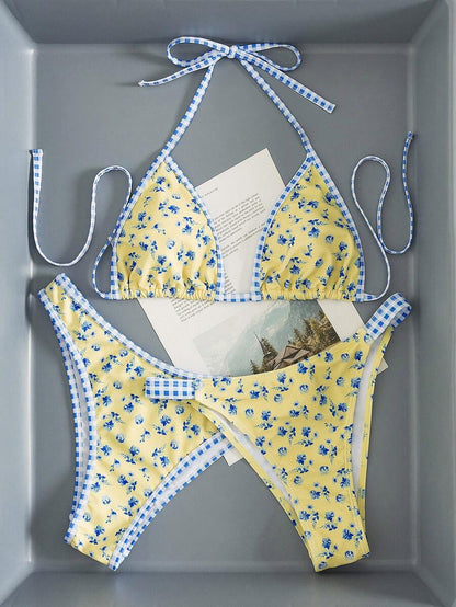 Swim Vcay Women's Swimwear Set, Fashionable Polka Dot Print Trim, Backless, Spaghetti Straps, Tie Waist, Triangle Swim Bottoms, Beach, Casual