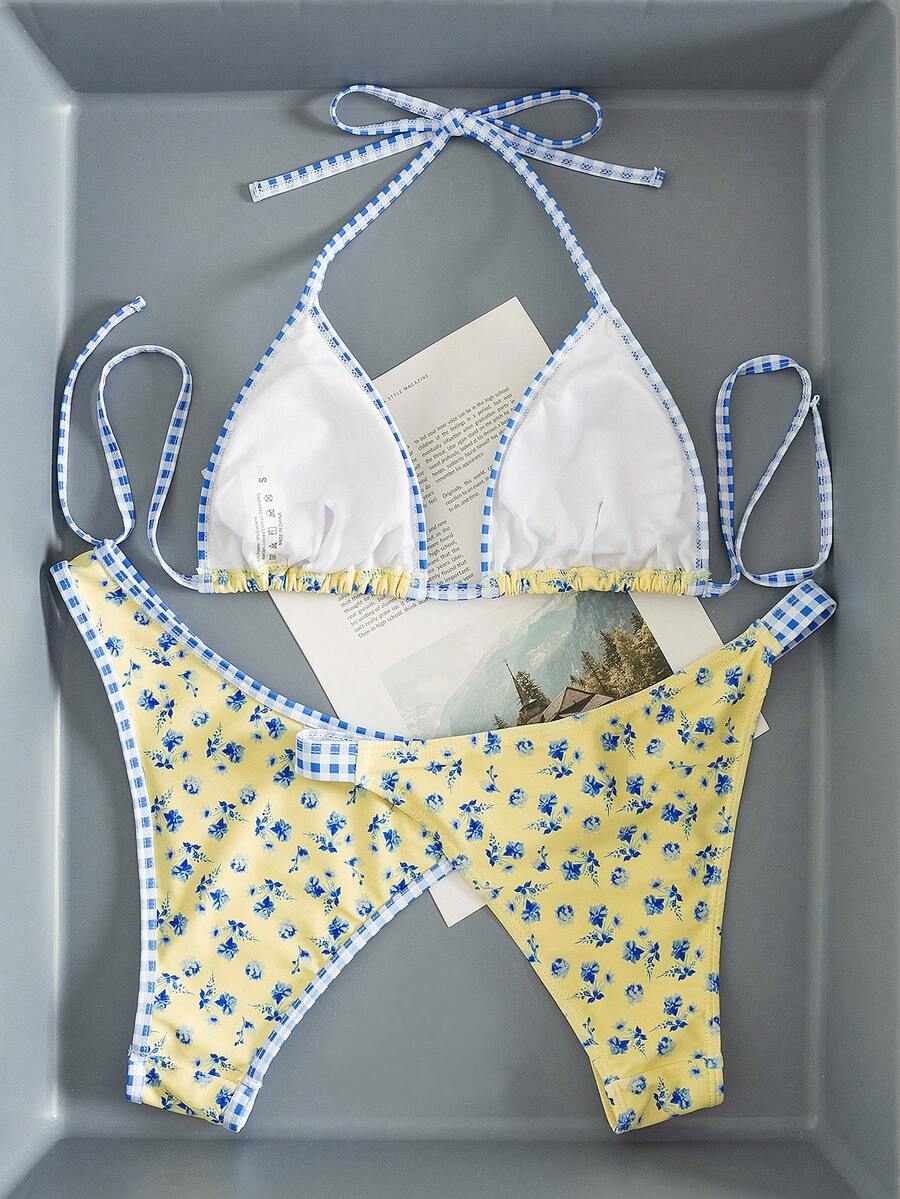 Swim Vcay Women's Swimwear Set, Fashionable Polka Dot Print Trim, Backless, Spaghetti Straps, Tie Waist, Triangle Swim Bottoms, Beach, Casual